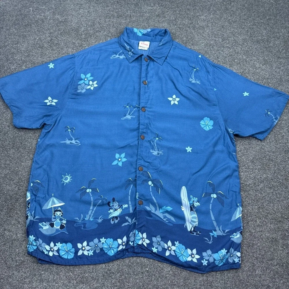 Disney Hawaiian Shirt Mens Size Large Blue AOP Button Up Donald Goofy‎ Minnie